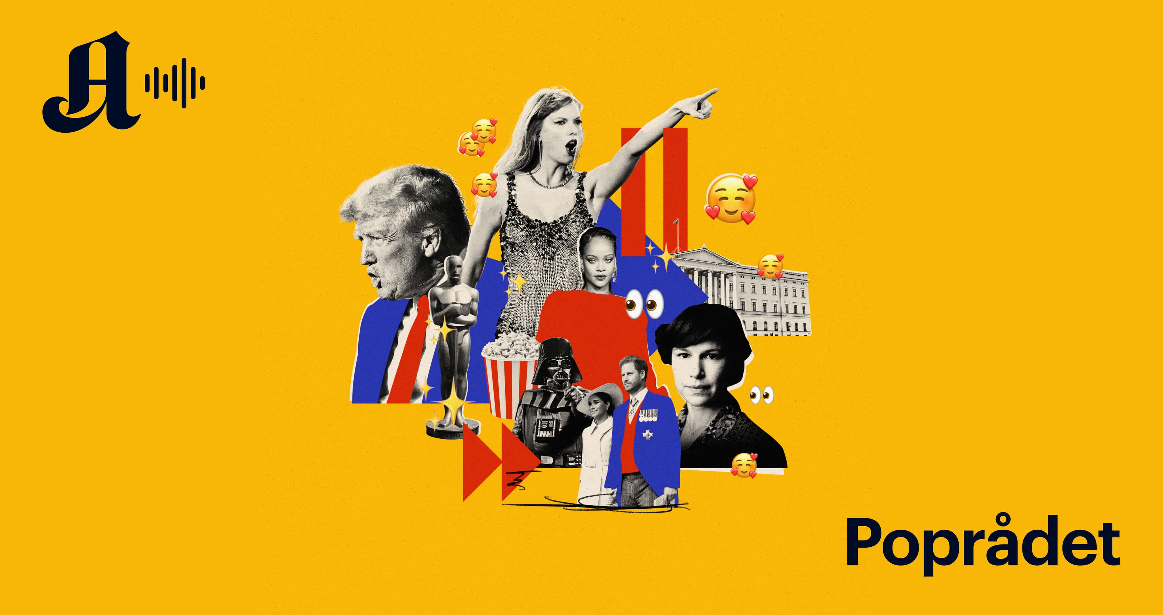 En kollage av kjente ansikter, logoen til podcasten Poprådet