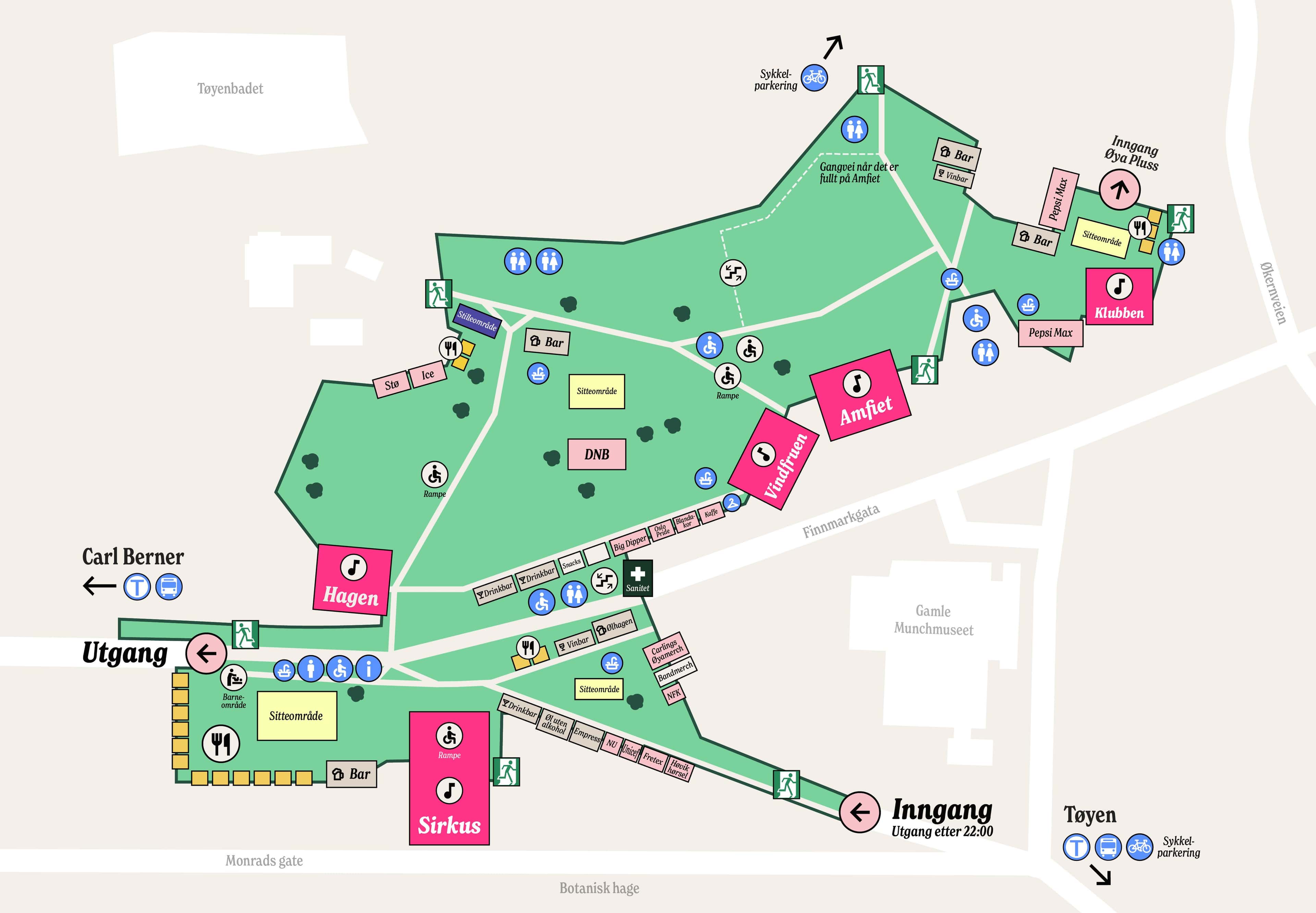 Publikumskart over festivalområdet til Øyafestivalen 2025